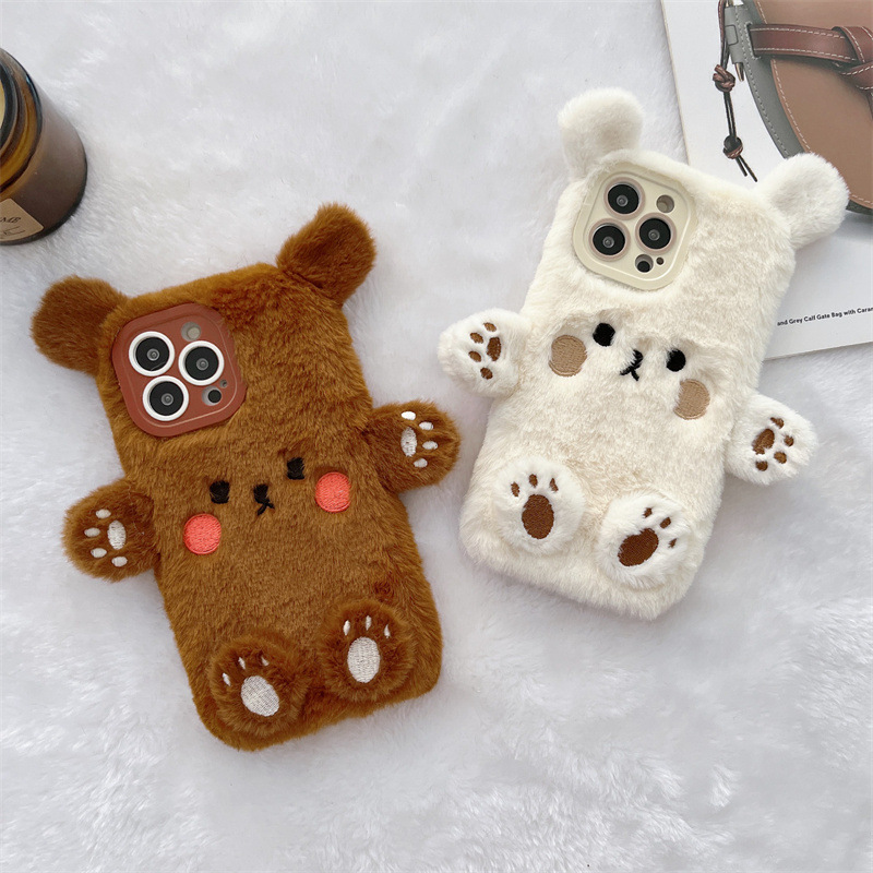 Phone Cases Iphone 11 - Korean 3D Cartoon Bear Fluffy Plush