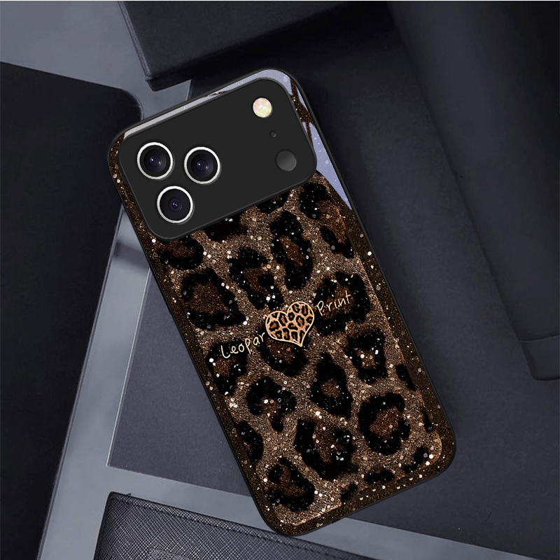 Phone Cases Brown - Brown leopard print heart Black Glass